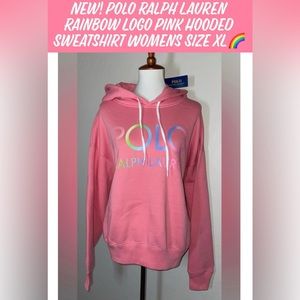New! Polo Ralph Lauren Rainbow Logo Pink Hooded Sweatshirt Womens Size XL🌈
